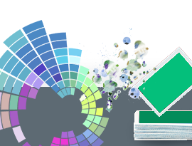 Illustration représentant une pile de cartes de visite, un cercle chromatique et des taches d’aquarelle symbolisant la créativité graphique