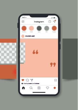 Illustration de la gestion des réseaux sociaux du Comptoir à Zéro : téléphone avec visuel Instagram sortant comme un slide, dans les couleurs de la charte graphique