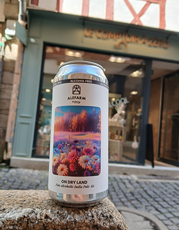 Canette de bière sans alcool en premier plan devant la devanture du Comptoir à Zéro, cave sans alcool à Vannes