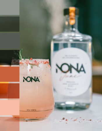 Photo d’ambiance moodboard du Comptoir à Zéro avec cocktail au premier plan, bouteille de produit sans alcool en arrière-plan et carrés dans les couleurs de la charte graphique