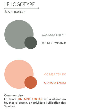Palette de couleurs du logo du Comptoir à Zéro en pastilles avec noms et valeurs CMJN, accompagnée d’un commentaire sur leur utilisation dans la charte graphique