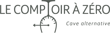 Logo du Comptoir à Zéro : le T stylisé en verre à pied renversé avec compteur de vitesse à zéro intégré, baseline ‘Cave alternative’