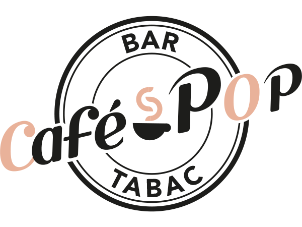 Logo vintage du Café Pop à Lorient, pastille avec une tasse fumante au centre, “Café” et “Pop” de chaque côté, et “Bar” et “Tabac” en texte curviligne en haut et en bas