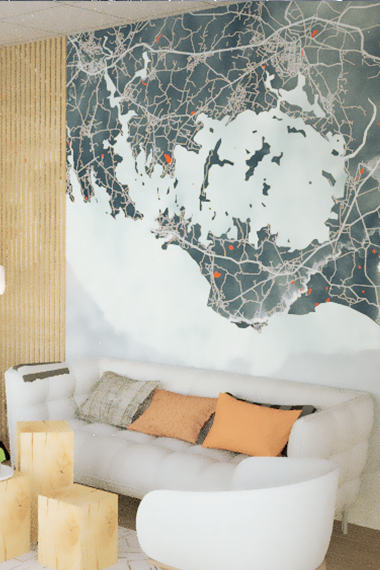 Mise en situation de la proposition alternative de papier-peint MMA Sarzeau, version bleu avec lacs orange et tracés blancs