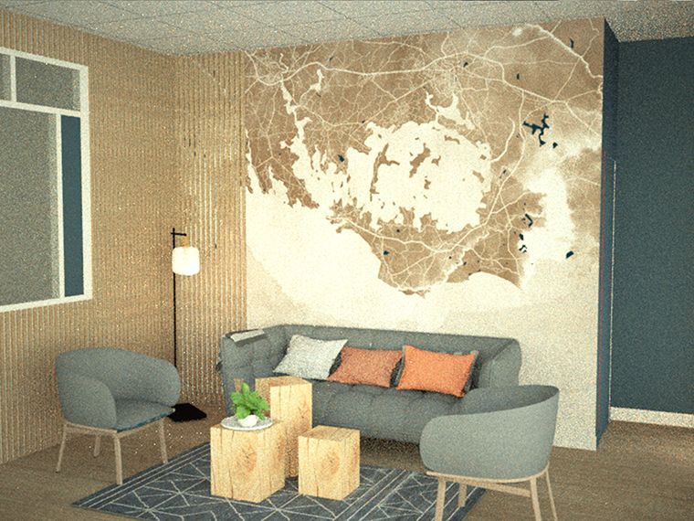 Papier-peint installé dans les bureaux MMA Sarzeau, version sépia avec lacs bleu marine et tracés blancs