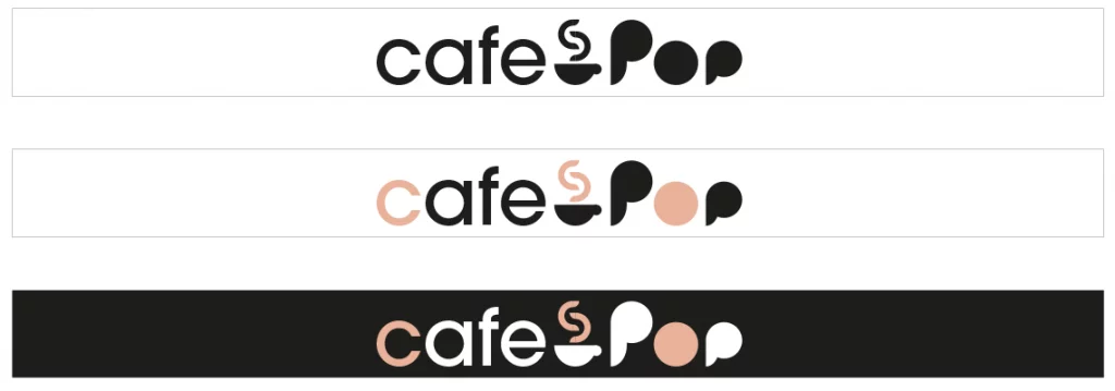 Proposition de logo Café Pop explorant une autre typographie et des couleurs distinctes, déclinée en version noir et blanc, couleur et couleur sur fond foncé
