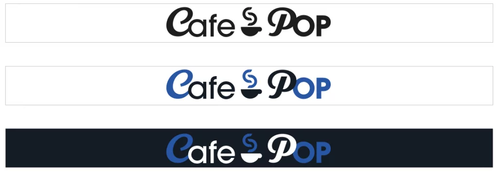 Proposition de logo Café Pop avec une typographie et une palette de couleurs alternatives, présentée en noir et blanc, couleur et couleur sur fond foncé