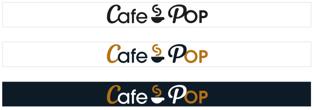 Proposition de logo Café Pop avec typographie et couleurs spécifiques, déclinée en version noir et blanc, couleur et couleur sur fond foncé