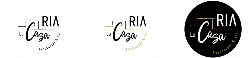 Logo final La Casa Ria en noir et blanc et en teinte sable doré sous forme de pastille