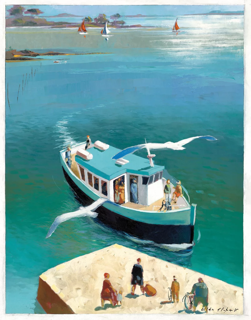 Affiche originale peinte par Gildas Flahault représentant un bateau du Passeur des Îles s’approchant de la cale, avec des passagers attendant l’embarquem