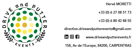 Carte numérique Drive and Putter Events avec le nouveau logo coloré, texte en curviligne et balle de golf dégradée vert et jaune ocre