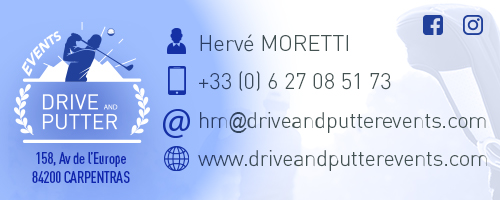 Carte numérique Drive and Putter Events avec l’ancien logo en noir et blanc sur fond dégradé bleu