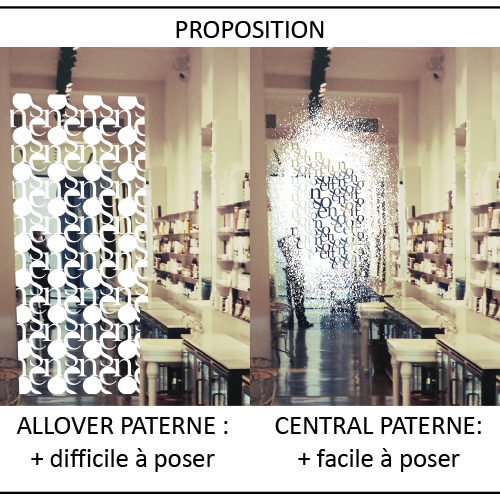 Propositions de motifs graphiques réalisés à la bombe de fausse neige à partir des lettres du logo Nose pour une opération de street marketing de Noël