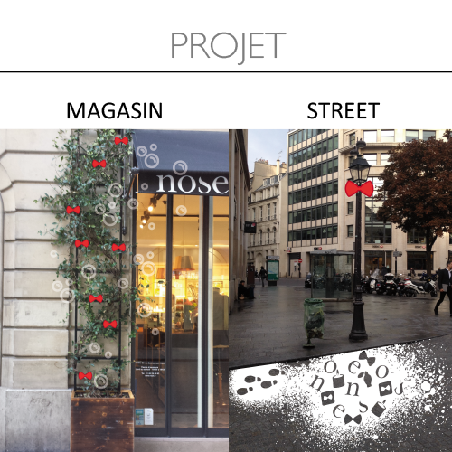 Mise en situation du dispositif de street marketing Nose avec nœuds papillon rouges sur les lampadaires et bulles sur la façade de la boutique