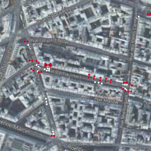 Plan du quartier Montorgueil avec le positionnement des nœuds papillon du parcours street marketing Nose