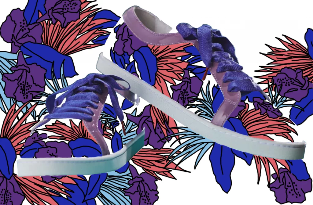 Illustration d’une basket à imprimé floral et jungle, le motif étant redessiné et sortant de la basket pour occuper tout l’espace