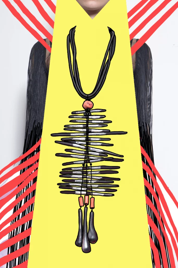 llustration du buste d’une femme en robe rayée rouge et blanche, avec une bande jaune isolant le collier en perles et les rayures de la robe s’étendant dans le décor