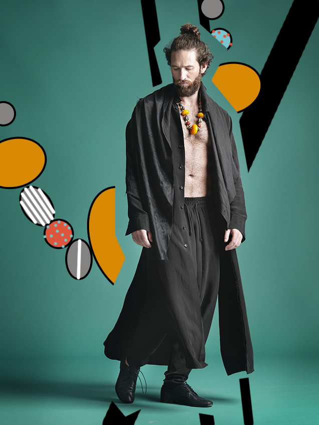 Illustration d’un mannequin homme en kimono noir, avec les perles du collier intégrées et zoomées dans le fond et deux bandes noires représentant le mouvement du kimono