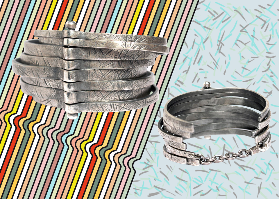 Illustration d’un bracelet en argent avec fond modifié, reprenant la structure des anneaux d’un côté et un motif incrusté dans l’argent de l’autre