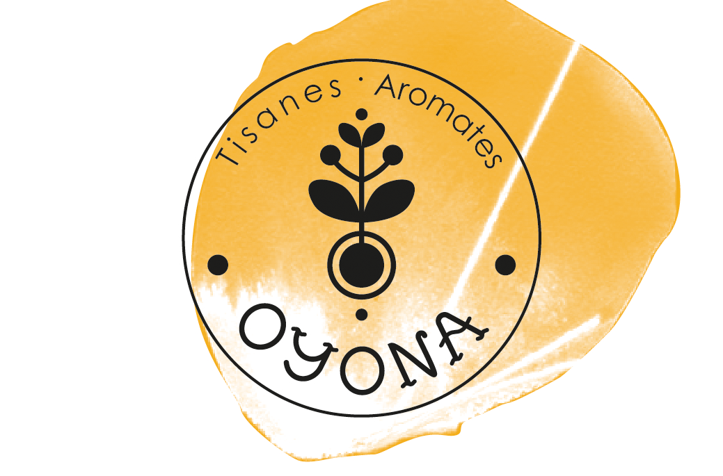 Logo Oyona en pastille avec pétale en dessous et baseline en texte curviligne « tisanes & aromates »