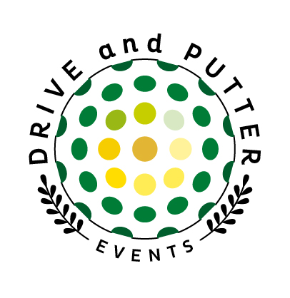 Nouveau logo Drive and Putter Events avec balle de golf colorée en dégradé vert-jaune, texte en curviligne et feuilles de laurier