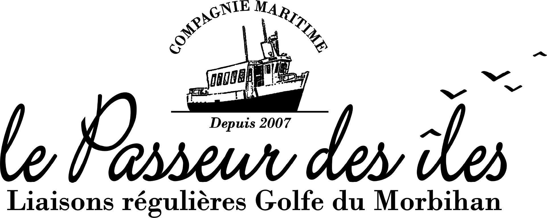 Logo du Passeur des Îles représentant un bateau vectorisé, avec le nom Le Passeur des Îles inscrit en dessous
