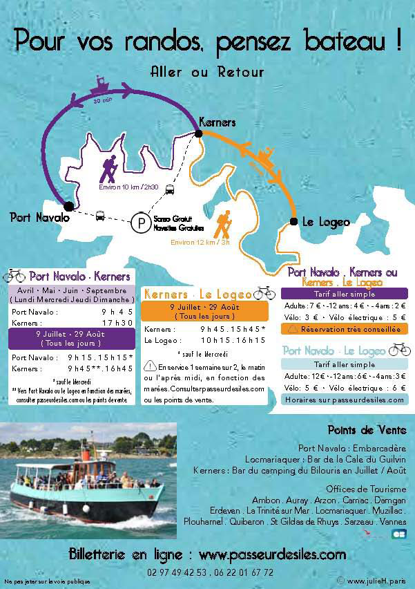 Verso du flyer du Passeur des Îles avec zoom sur la carte des liaisons maritimes du Golfe du Morbihan