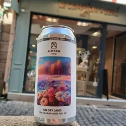 Canette de bière sans alcool en premier plan devant la devanture du Comptoir à Zéro, cave sans alcool à Vannes