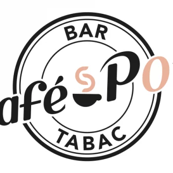 Logo vintage du Café Pop à Lorient, pastille avec une tasse fumante au centre, “Café” et “Pop” de chaque côté, et “Bar” et “Tabac” en texte curviligne en haut et en bas