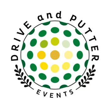 Nouveau logo Drive and Putter Events avec balle de golf colorée en dégradé vert-jaune, texte en curviligne et feuilles de laurier