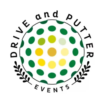 Nouveau logo Drive and Putter Events avec balle de golf colorée en dégradé vert-jaune, texte en curviligne et feuilles de laurier