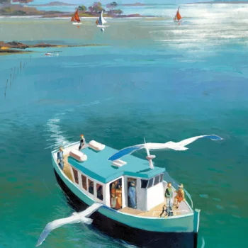 Zoom sur l’affiche originale peinte par Gildas Flahault représentant un bateau dans le Golfe du Morbihan