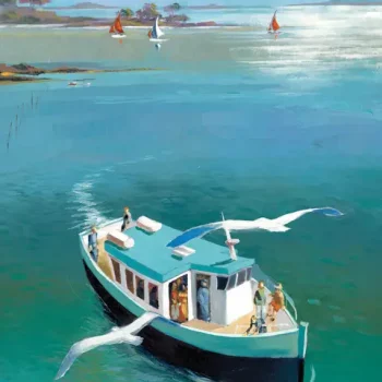 Zoom sur l’affiche originale peinte par Gildas Flahault représentant un bateau dans le Golfe du Morbihan